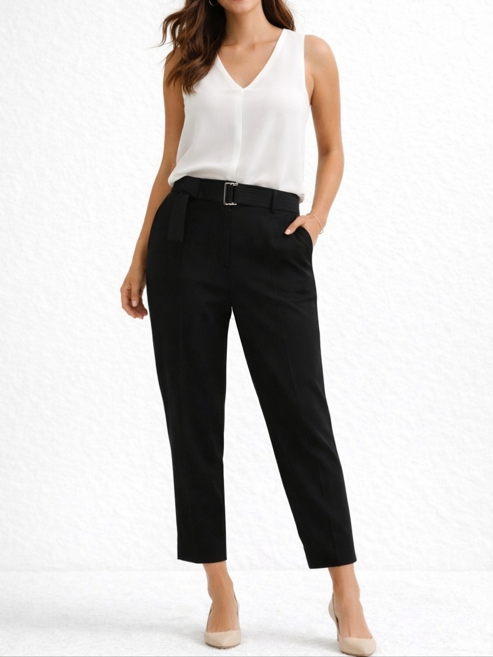 Reiss Belted Ankle Trousers Womens US 4 Black High Rise Straight Leg Career